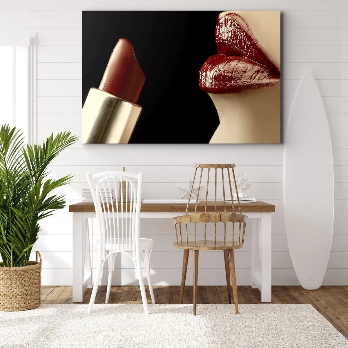 Quadro em tela - Lábios vermelhos e batom em fundo preto - 70x50cm - Sensualidade e brilho do carmim - Decoração de parede moderna para a sala de estar e quarto ARTTOR