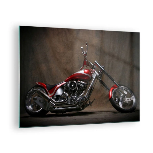 Quadro em vidro - Motocicleta vermelha personalizada em fundo escuro - 70x50cm - Beleza vermelho-prata - Decoração de parede moderna para a sala de estar e quarto ARTTOR