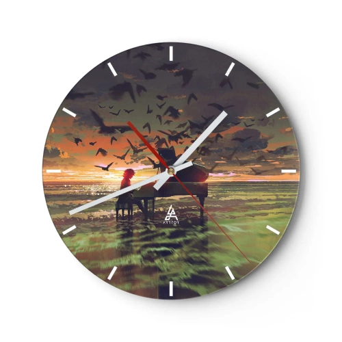 Relógio de parede - Relógio em vidro - Um pianista tocando tendo como pano de fundo um pôr do sol - 30x30cm - Um concerto de piano e ondas - Decoração de parede moderna para a sala de estar, cozinha e quarto ARTTOR