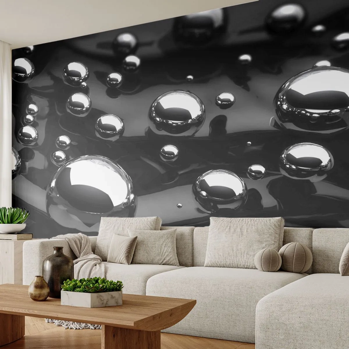 Papel de Parede Autocolante Deluxe Sticker - Das profundezas negras - Abstração, Bolas Cromadas, 3D - 250x175 cm