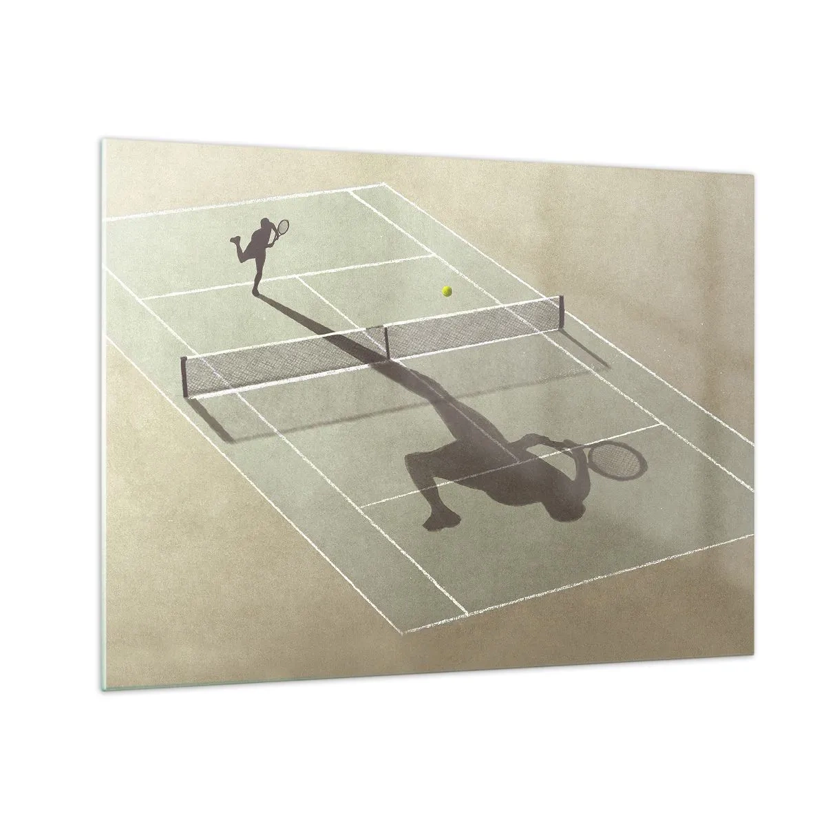 Quadro em vidro - A figura de um tenista e sua sombra na quadra durante um saque - 70x50cm - Supera-te - Decoração de parede moderna para a sala de estar e quarto ARTTOR