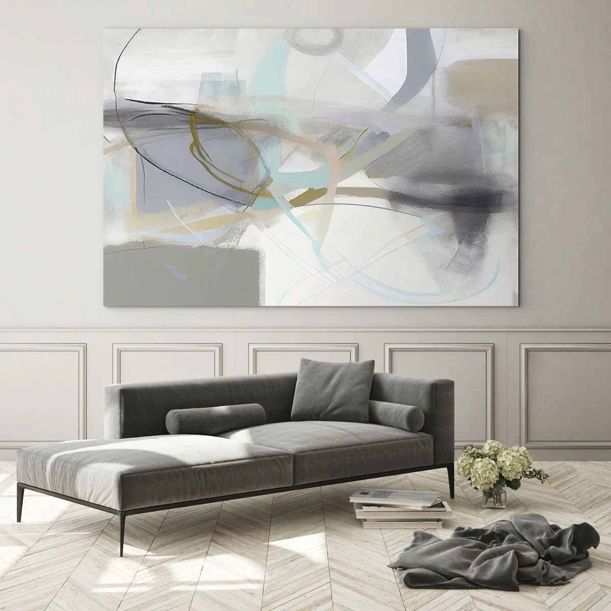 Quadro em vidro - Uma abstração nebulosa com detalhes em pastel e grafite. - 70x50cm - Abstração enevoada - Decoração de parede moderna para a sala de estar e quarto ARTTOR