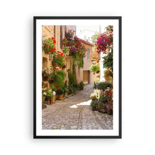 Pôster com moldura preta - Uma rua florida com calçada de pedra e vasos de flores - 50x70cm - Nas flores do dilúvio - Decoração de parede moderna para a sala de estar e quarto ARTTOR