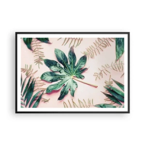 Pôster com moldura preta - Estudo do verde em um fundo rosa - 100x70 cm