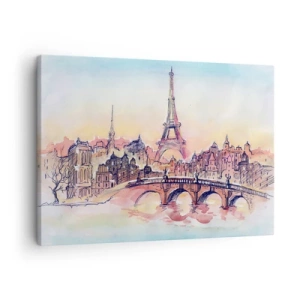 Quadro em tela - Panorama em aquarela de Paris com a Torre Eiffel ao pôr do sol - 70x50cm - A única cidade deste tipo no mundo - Decoração de parede moderna para a sala de estar e quarto ARTTOR