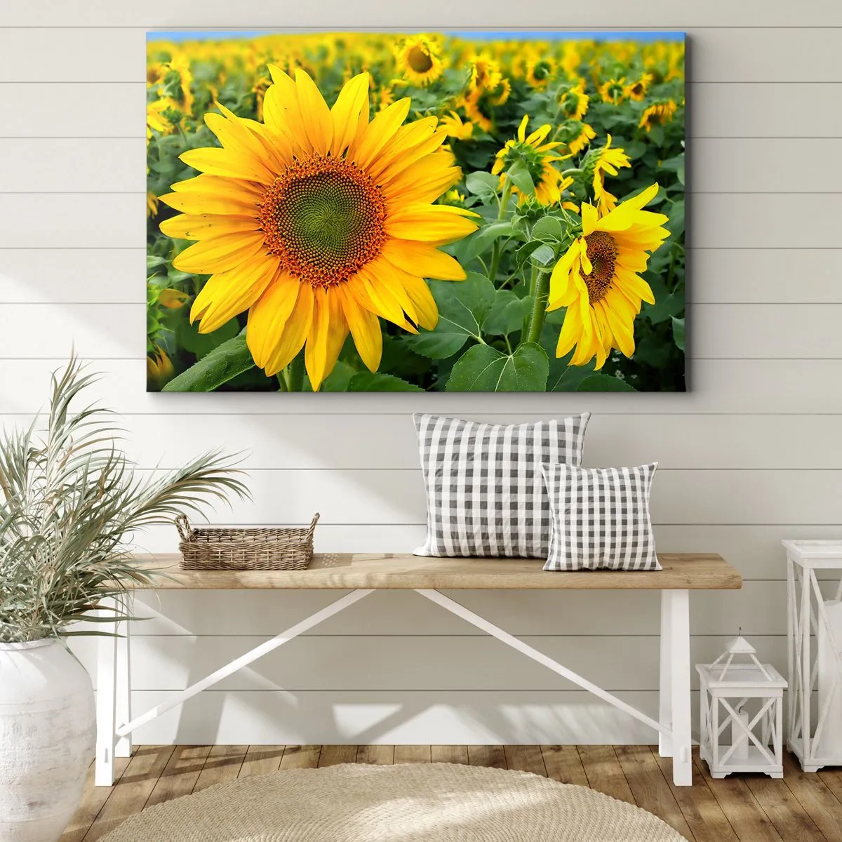 Quadro em tela - Um campo de girassóis com flores amarelas sobre um fundo de folhas verdes - 70x50cm - Centenas de sóis brilharam - Decoração de parede moderna para a sala de estar e quarto ARTTOR