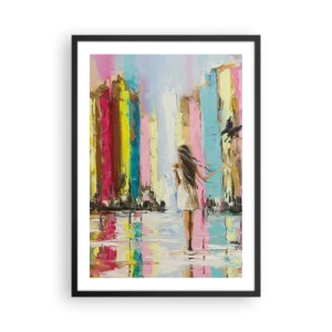 Pôster com moldura preta - Uma mulher entre edifícios coloridos em estilo impressionista - 50x70cm - Segue-me - Decoração de parede moderna para a sala de estar e quarto ARTTOR