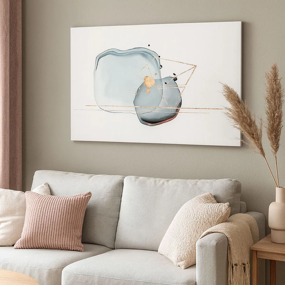 Quadro em tela - Formas abstratas em tons de azul e dourado sobre fundo branco - 70x50cm - Um estudo sobre gotas - Decoração de parede moderna para a sala de estar e quarto ARTTOR