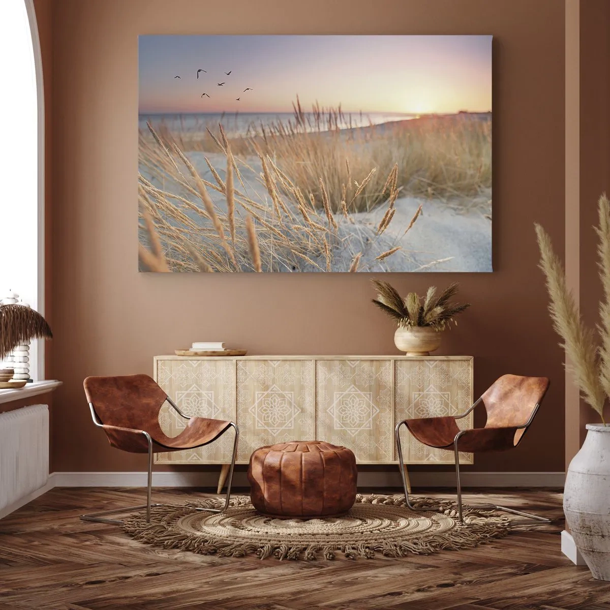 Quadro em tela - Praia do pôr do sol com grama alta - 70x50cm - Uma canção de embalar do Báltico - Decoração de parede moderna para a sala de estar e quarto ARTTOR