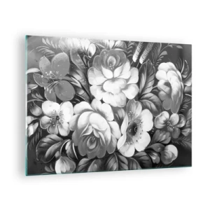 Quadro em vidro - Um elegante buquê de flores em tons de cinza - 70x50cm - A beleza em cinza - Decoração de parede moderna para a sala de estar e quarto ARTTOR
