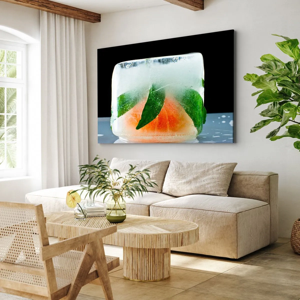 Quadro em tela - Cubo de gelo com laranja e folhas - 70x50cm - Frescor e refresco - Decoração de parede moderna para a sala de estar e quarto ARTTOR