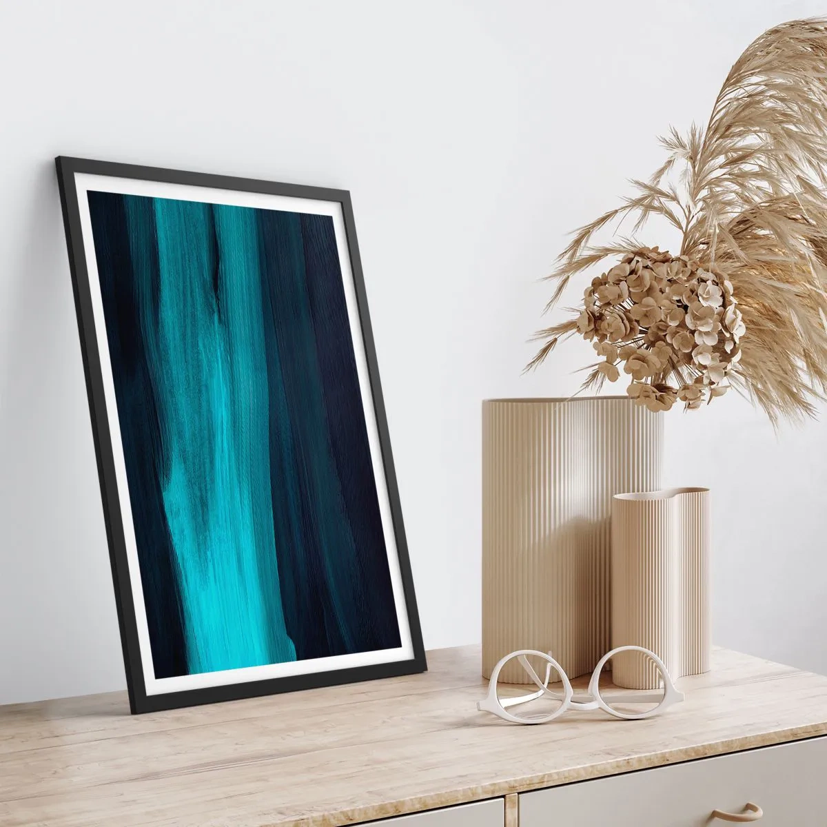 Pôster com moldura preta - Uma composição abstrata em tons de preto e turquesa - 50x70cm - Vá com o fluxo - Decoração de parede moderna para a sala de estar e quarto ARTTOR