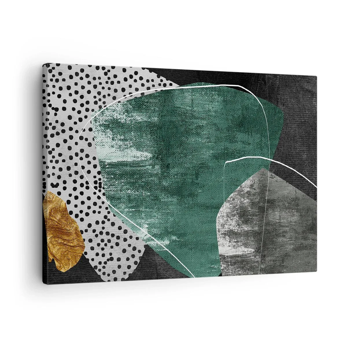 Quadro em tela - Composição abstrata com formas verdes e padrões de pontos - 70x50cm - Abstração colorida com folha de ouro - Decoração de parede moderna para a sala de estar e quarto ARTTOR