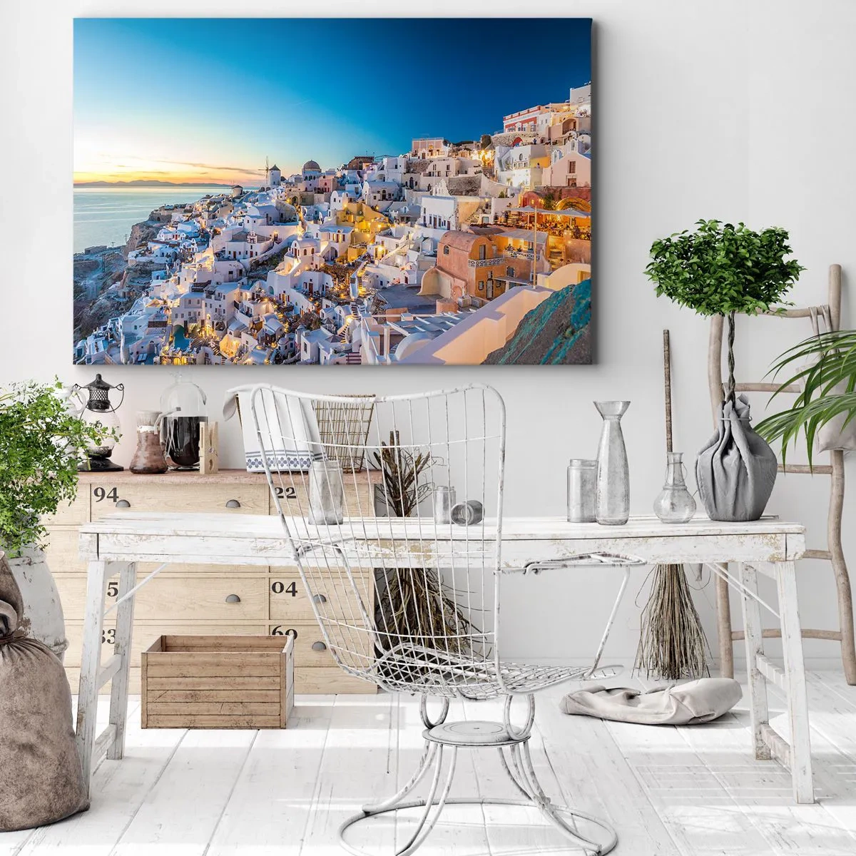 Quadro em tela - Vista de uma cidade grega ao pôr do sol - 70x50cm - A essência grega - Decoração de parede moderna para a sala de estar e quarto ARTTOR