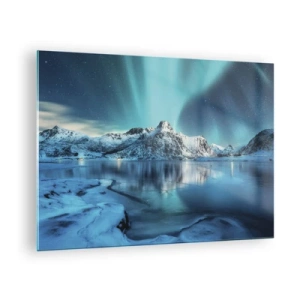 Quadro em vidro - Aurora Boreal sobre as montanhas cobertas de neve - 70x50cm - Noite de Luz - Decoração de parede moderna para a sala de estar e quarto ARTTOR
