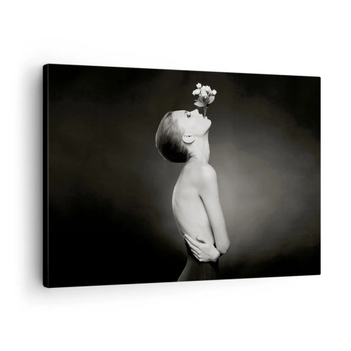 Quadro em tela - Silhueta preta e branca de uma mulher com uma flor - 70x50cm - Elegância excêntrica - Decoração de parede moderna para a sala de estar e quarto ARTTOR