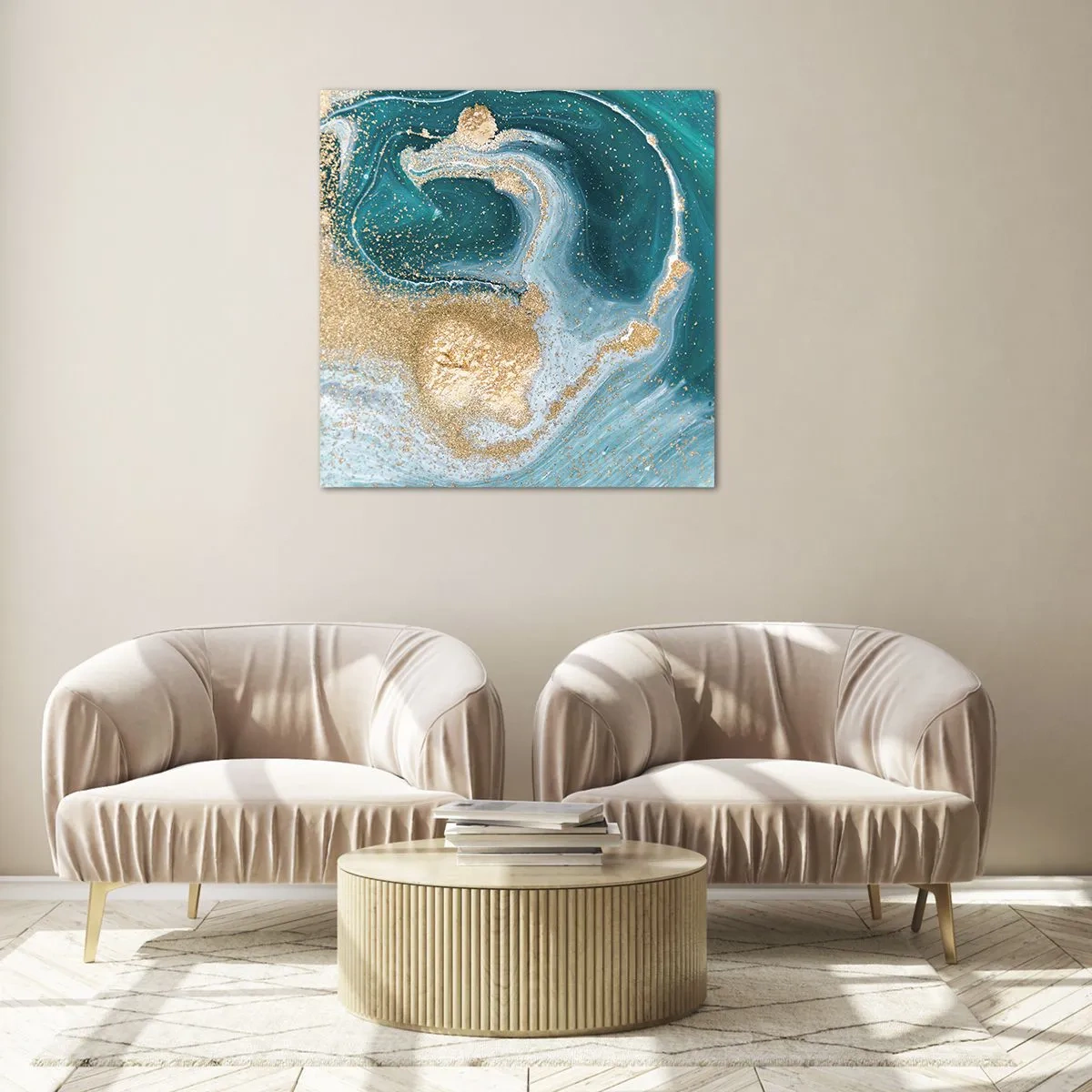 Quadro em vidro - Um vórtice de ouro e turquesa - 50x50 cm