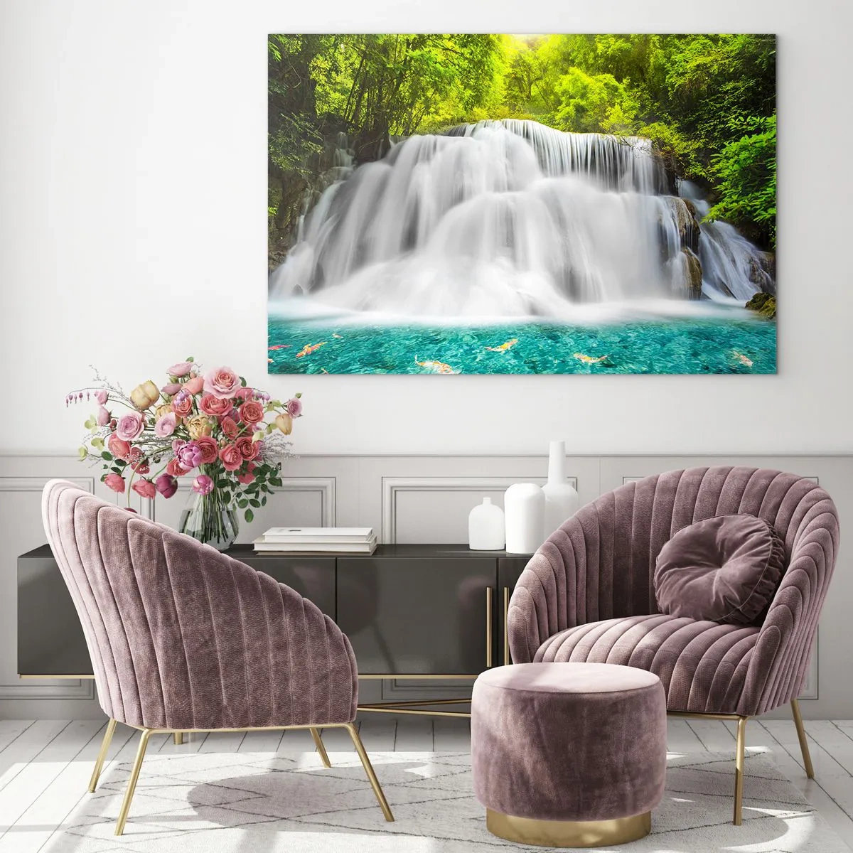 Quadro em vidro - Cascata espumosa do verde ao azul - 100x70 cm