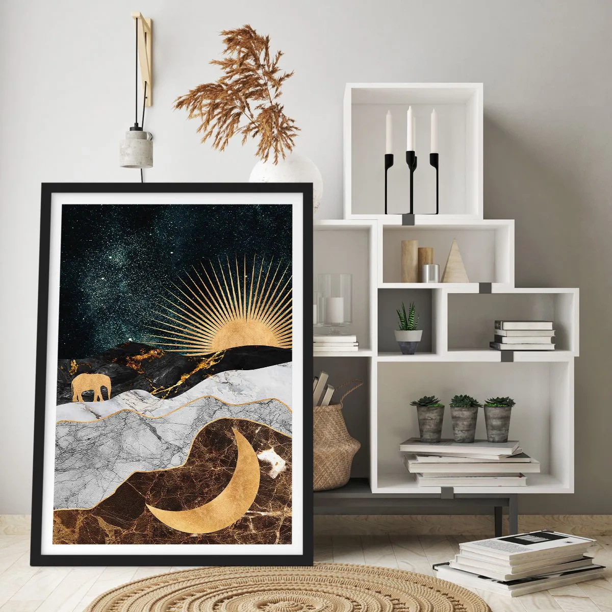 Pôster com moldura preta - Paisagem dourada com a lua, o sol e a silhueta de um elefante - 50x70cm - Leis eternas - Decoração de parede moderna para a sala de estar e quarto ARTTOR