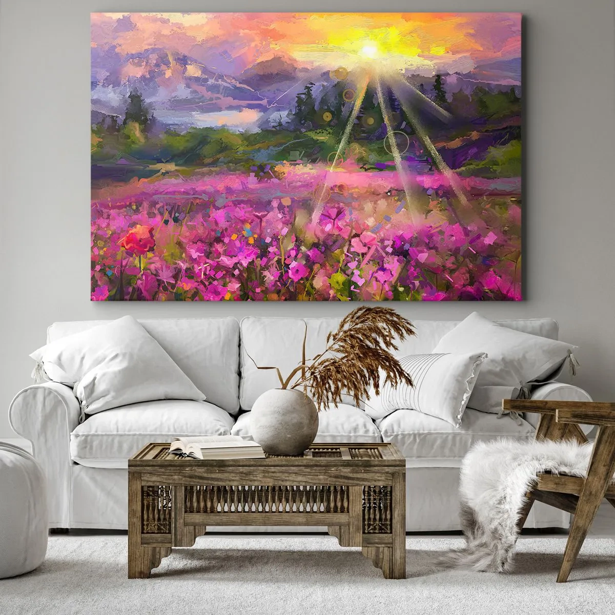 Quadro em tela - Um prado pitoresco sob os raios do sol poente - 70x50cm - No vale sob os cuidados do sol - Decoração de parede moderna para a sala de estar e quarto ARTTOR