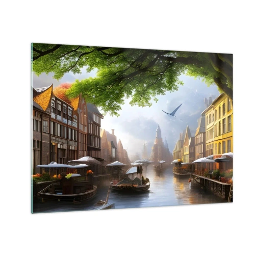 Quadro em vidro - Uma vista atmosférica de um canal holandês com barcos e edifícios - 70x50cm - Paisagem urbana holandesa - Decoração de parede moderna para a sala de estar e quarto ARTTOR