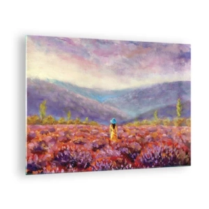 Quadro em vidro - Uma figura usando um chapéu em um campo de lavanda ao anoitecer - 70x50cm - No mundo da lavanda - Decoração de parede moderna para a sala de estar e quarto ARTTOR