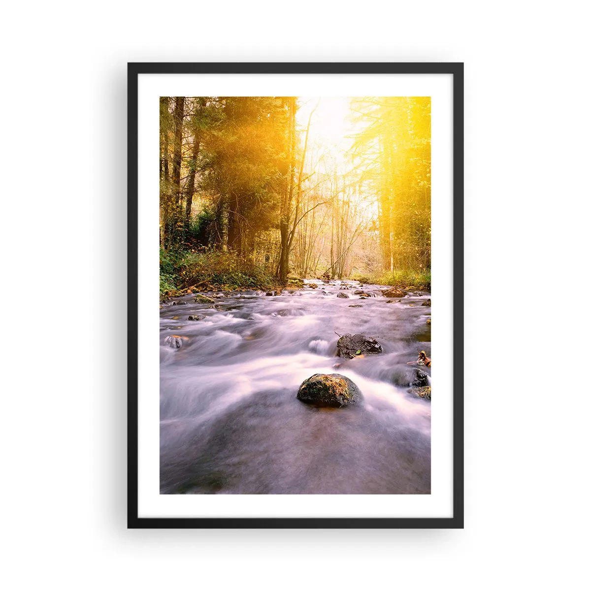 Pôster com moldura preta - Um riacho na floresta sob a luz do sol - 50x70cm - Malaquita em um cenário de ouro e prata - Decoração de parede moderna para a sala de estar e quarto ARTTOR