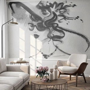 Papel de Parede Premium Sand - Uma dama com caráter - Mulher de chapéu, Rosto de mulher, Preto e branco - 350x256 cm