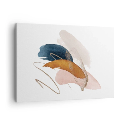 Quadro em tela - Traços abstratos em tons pastéis com detalhes dourados - 70x50cm - Composição alada - Decoração de parede moderna para a sala de estar e quarto ARTTOR
