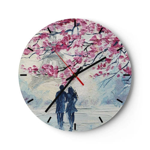 Relógio de parede - Relógio em vidro - Uma imagem romântica de um casal sob árvores cor-de-rosa floridas - 30x30cm - Passeio romântico - Decoração de parede moderna para a sala de estar, cozinha e quarto ARTTOR