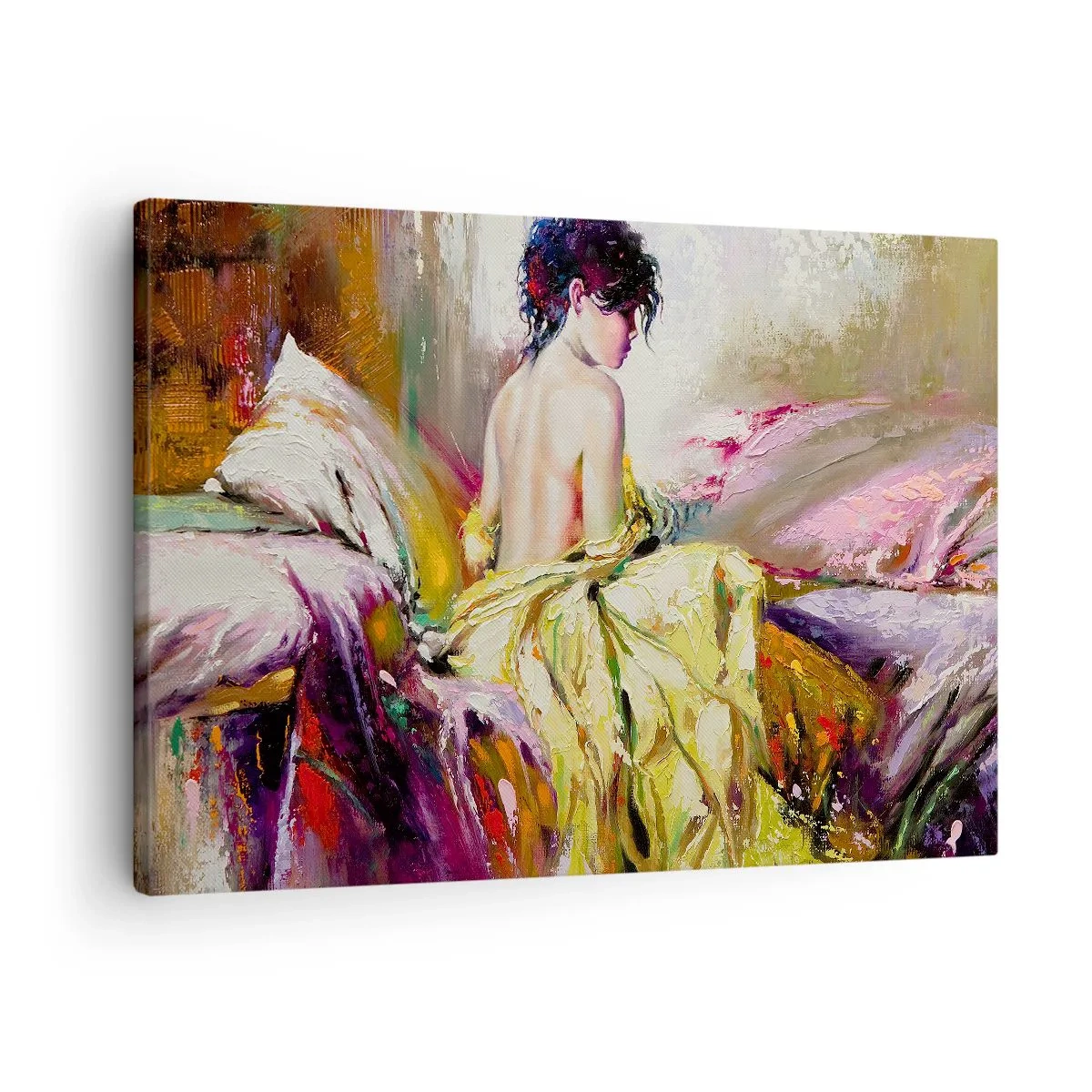 Quadro em tela - Uma cena pictórica de uma mulher em uma cama em uma atmosfera romântica - 70x50cm - Entre a boca e a borda do copo - Decoração de parede moderna para a sala de estar e quarto ARTTOR