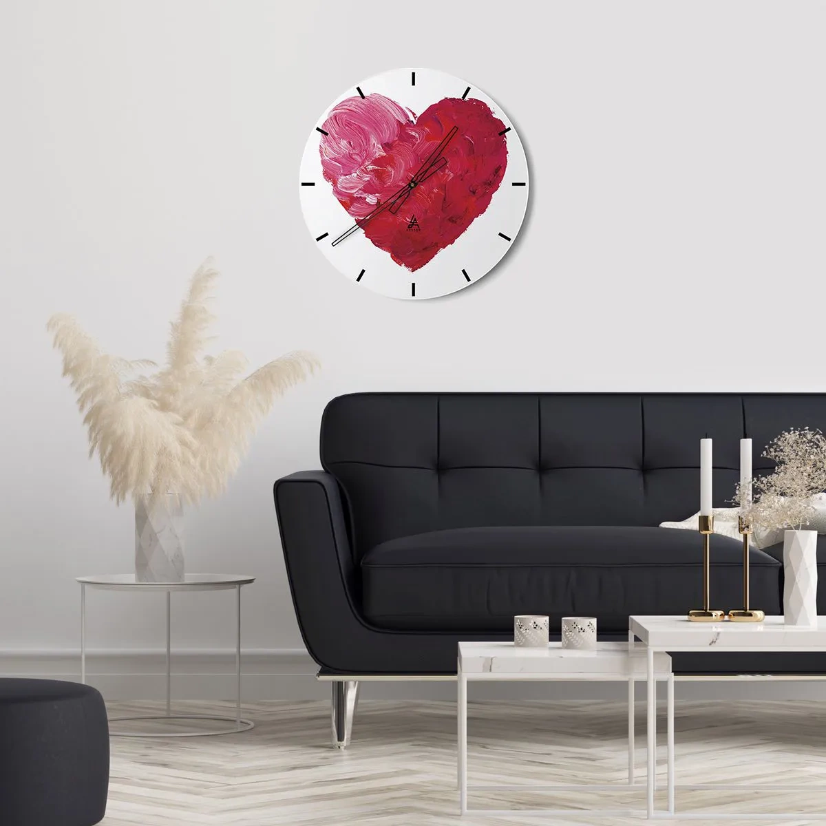 Relógio de parede - Relógio em vidro - Coração pintado em tons de vermelho e rosa - 30x30cm - All you need is love - Decoração de parede moderna para a sala de estar, cozinha e quarto ARTTOR