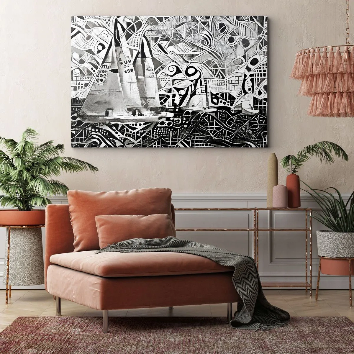 Quadro em tela - Veleiros abstratos em uma composição monocromática - 70x50cm - Entre as ondas - Decoração de parede moderna para a sala de estar e quarto ARTTOR