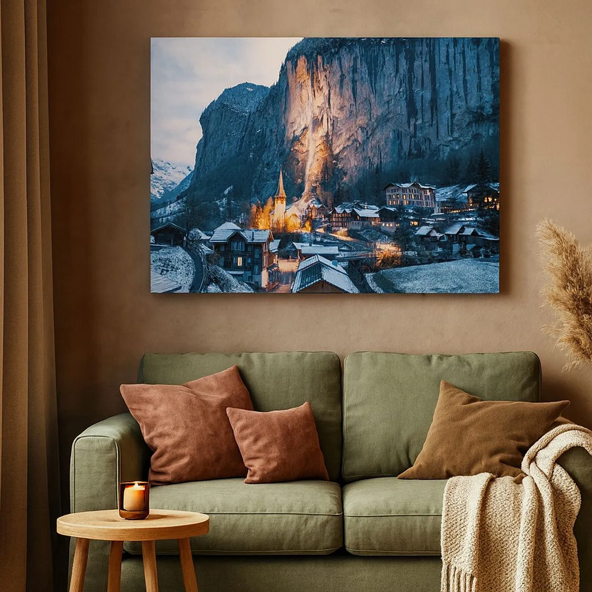 Quadro em tela - Uma pitoresca vila de inverno cercada por montanhas - 70x50cm - O espírito luminoso do inverno - Decoração de parede moderna para a sala de estar e quarto ARTTOR