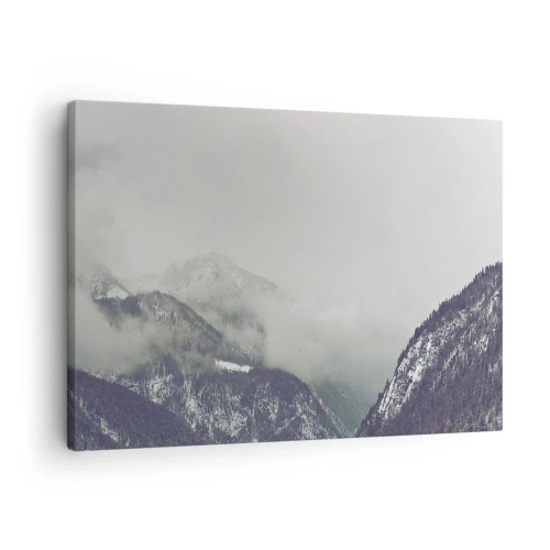 Quadro em tela - Um vale montanhoso envolto em névoa em tons de cinza - 70x50cm - Vale nebuloso - Decoração de parede moderna para a sala de estar e quarto ARTTOR