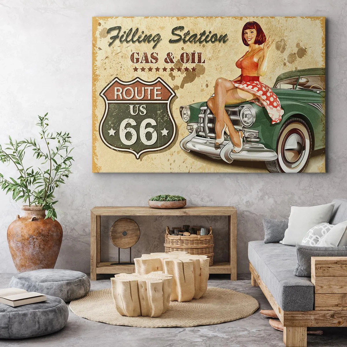 Quadro em tela - Pôster retrô da Rota 66 com garota pin-up e carro - 70x50cm - Os gloriosos anos 40 - Decoração de parede moderna para a sala de estar e quarto ARTTOR