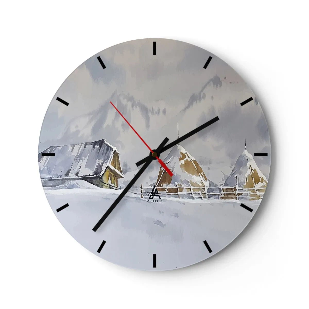 Relógio de parede - Relógio em vidro - Paisagem de inverno com uma casa de campo e montes de feno na neve - 30x30cm - No vale nevado - Decoração de parede moderna para a sala de estar, cozinha e quarto ARTTOR
