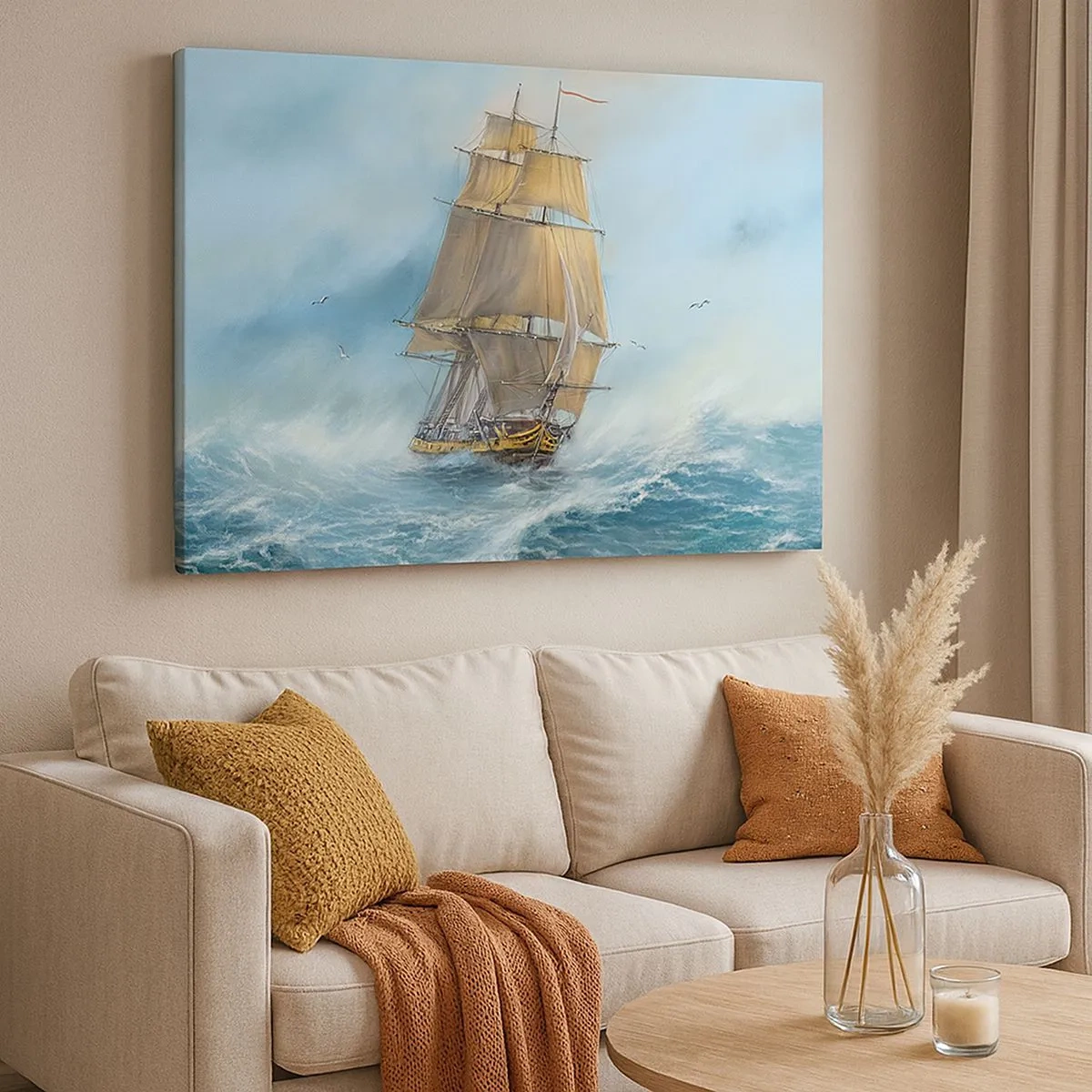 Quadro em tela - Um veleiro em um mar tempestuoso - 70x50cm - Correndo sobre as ondas - Decoração de parede moderna para a sala de estar e quarto ARTTOR