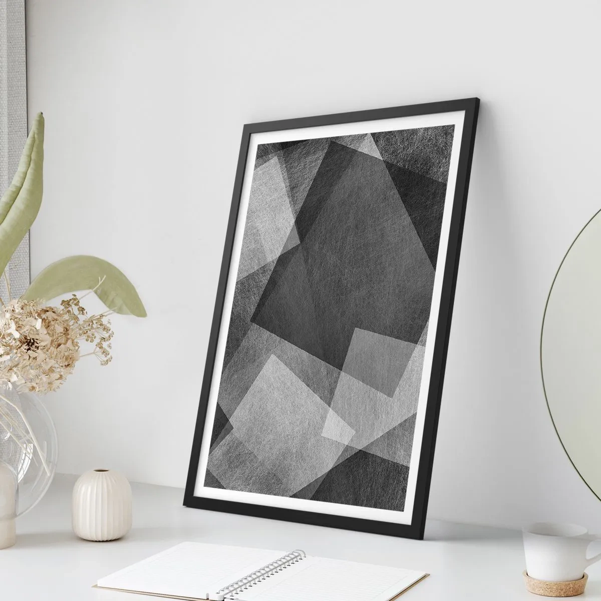 Pôster com moldura preta - Abstração em preto e branco com formas geométricas - 50x70cm - Um eterno símbolo da durabilidade e da ordem - Decoração de parede moderna para a sala de estar e quarto ARTTOR