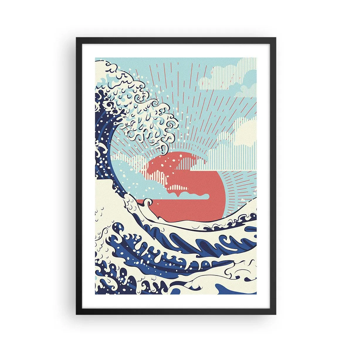 Pôster com moldura preta - Onda gráfica de inspiração japonesa com um sol vermelho - 50x70cm - Das inspirações japonesas - Decoração de parede moderna para a sala de estar e quarto ARTTOR