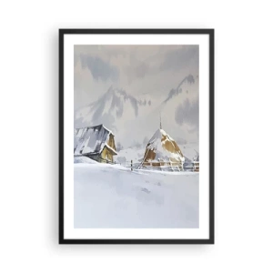 Pôster com moldura preta - Paisagem de inverno com uma casa de campo e um palheiro nas montanhas - 50x70cm - No vale nevado - Decoração de parede moderna para a sala de estar e quarto ARTTOR