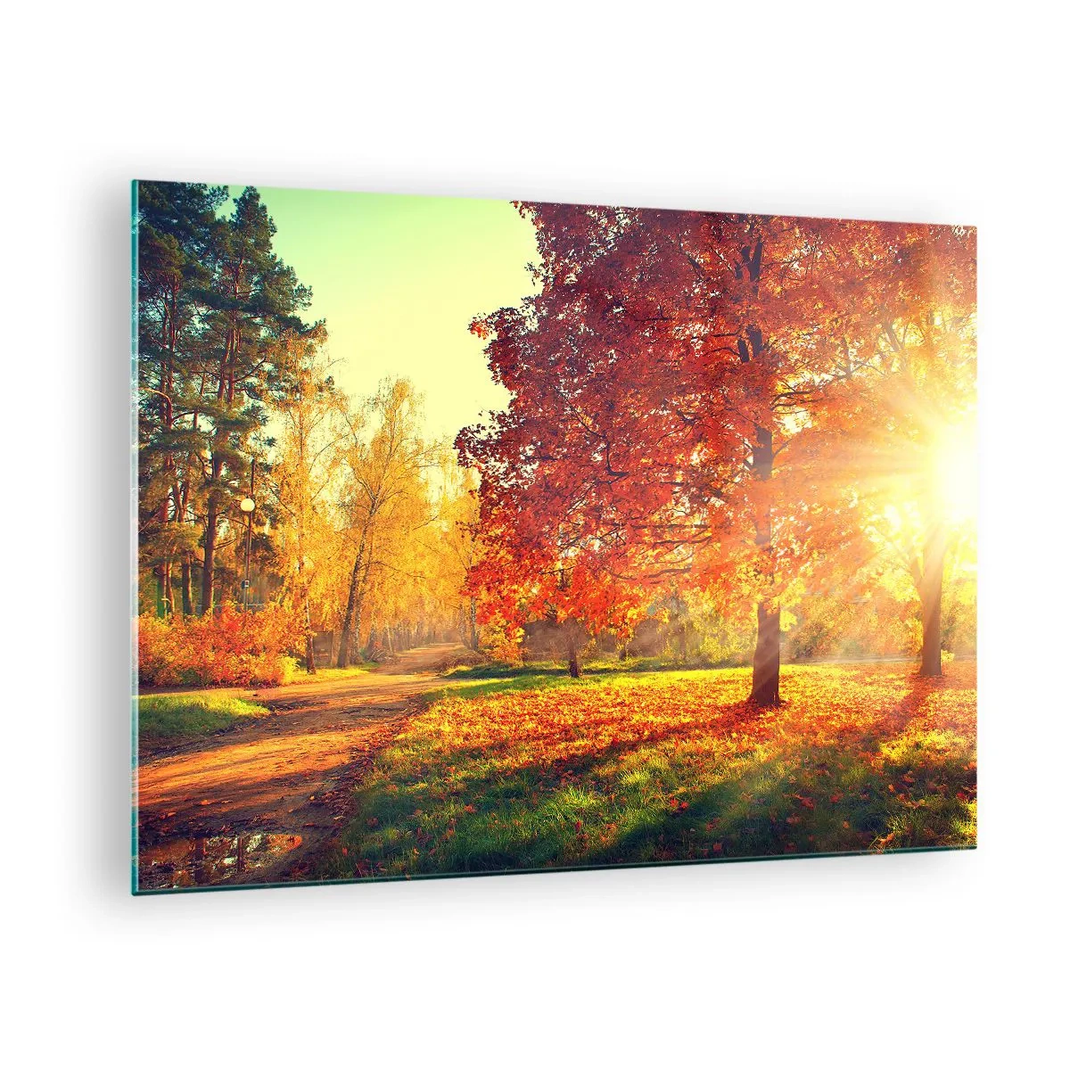 Quadro em vidro - Beco de outono com raios de sol - 70x50cm - O vermelho é lindo - Decoração de parede moderna para a sala de estar e quarto ARTTOR