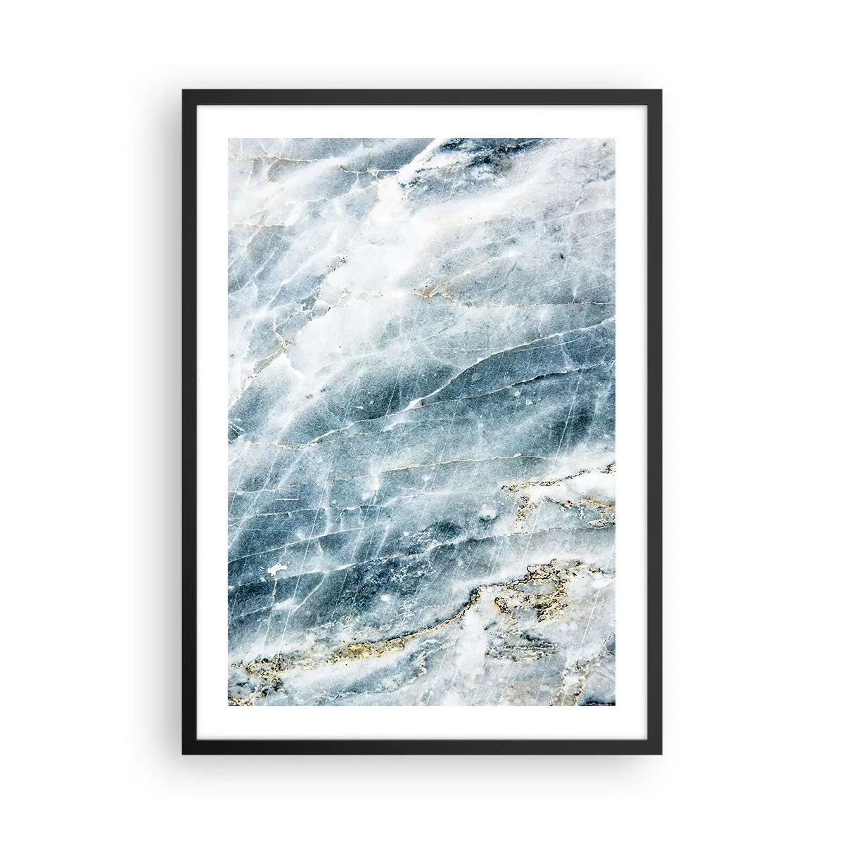 Pôster com moldura preta - Mármore azul com sutis veios dourados - 50x70cm - O mundo do Gelo - Decoração de parede moderna para a sala de estar e quarto ARTTOR