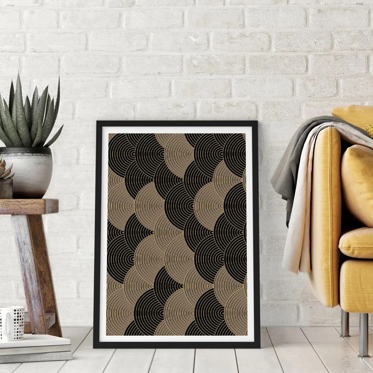 Pôster com moldura preta - Padrão abstrato em círculos pretos e dourados - 50x70cm - Unidade na multiplicidade - Decoração de parede moderna para a sala de estar e quarto ARTTOR