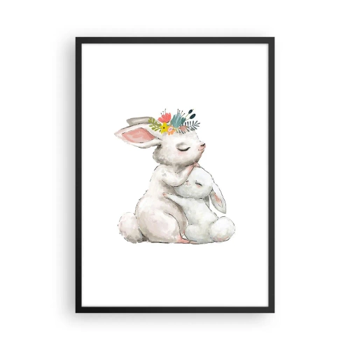 Pôster com moldura preta - Dois coelhos se abraçando com uma coroa de flores na cabeça - 50x70cm - Nada melhor do que amor de mãe - Decoração de parede moderna para a sala de estar e quarto ARTTOR