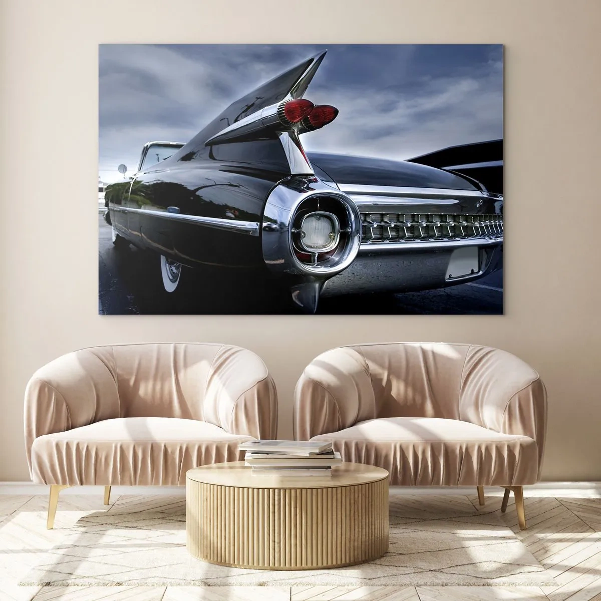 Quadro em vidro - Lanternas traseiras elegantes de carros clássicos em tinta preta brilhante - 70x50cm - É por isso que é lindo! - Decoração de parede moderna para a sala de estar e quarto ARTTOR