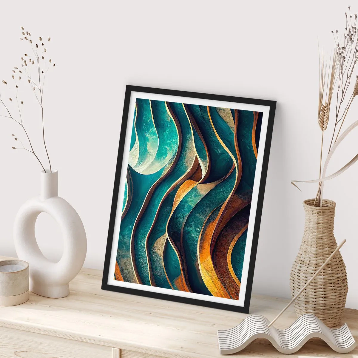 Pôster com moldura preta - Uma composição abstrata de formas onduladas em tons de turquesa. - 50x70cm - Meandros de azul - Decoração de parede moderna para a sala de estar e quarto ARTTOR