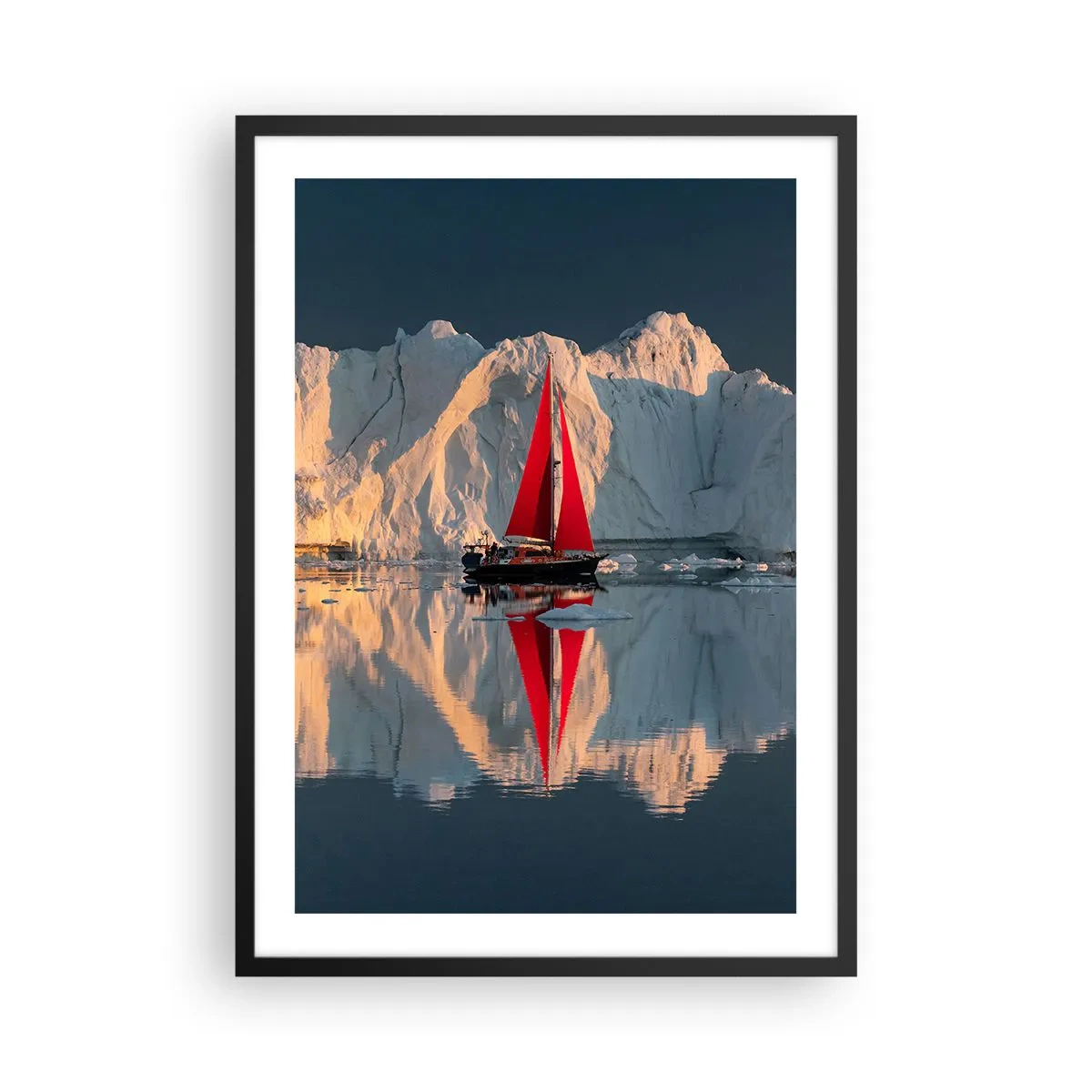 Pôster com moldura preta - A vela vermelha de um barco contra o pano de fundo de geleiras e águas calmas - 50x70cm - No fim do mundo - Decoração de parede moderna para a sala de estar e quarto ARTTOR