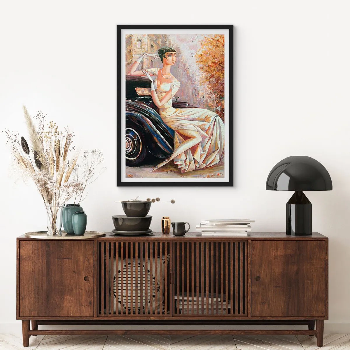 Pôster com moldura preta - Mulher elegante ao lado de um carro retrô em estilo pictórico - 50x70cm - Elegância retro - Decoração de parede moderna para a sala de estar e quarto ARTTOR