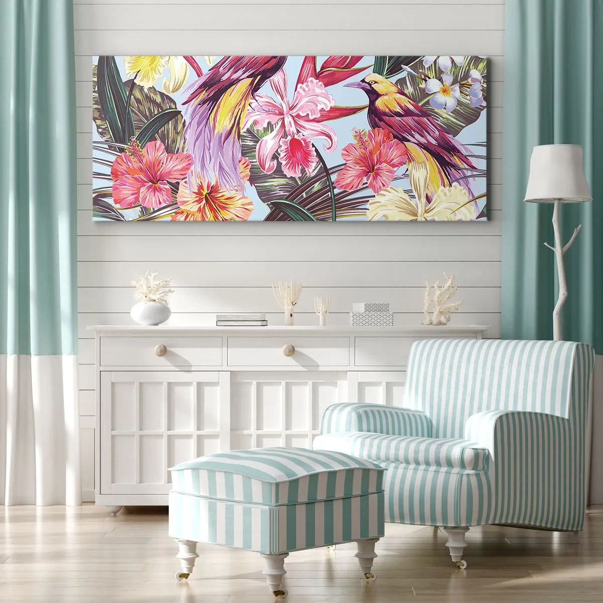 Quadro em tela - Pétalas e penas - 100x40 cm